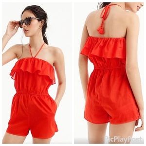 J.Crew Ruffle Tube Top Romper Shorts Women’s L Orange 100% Cotton Pockets